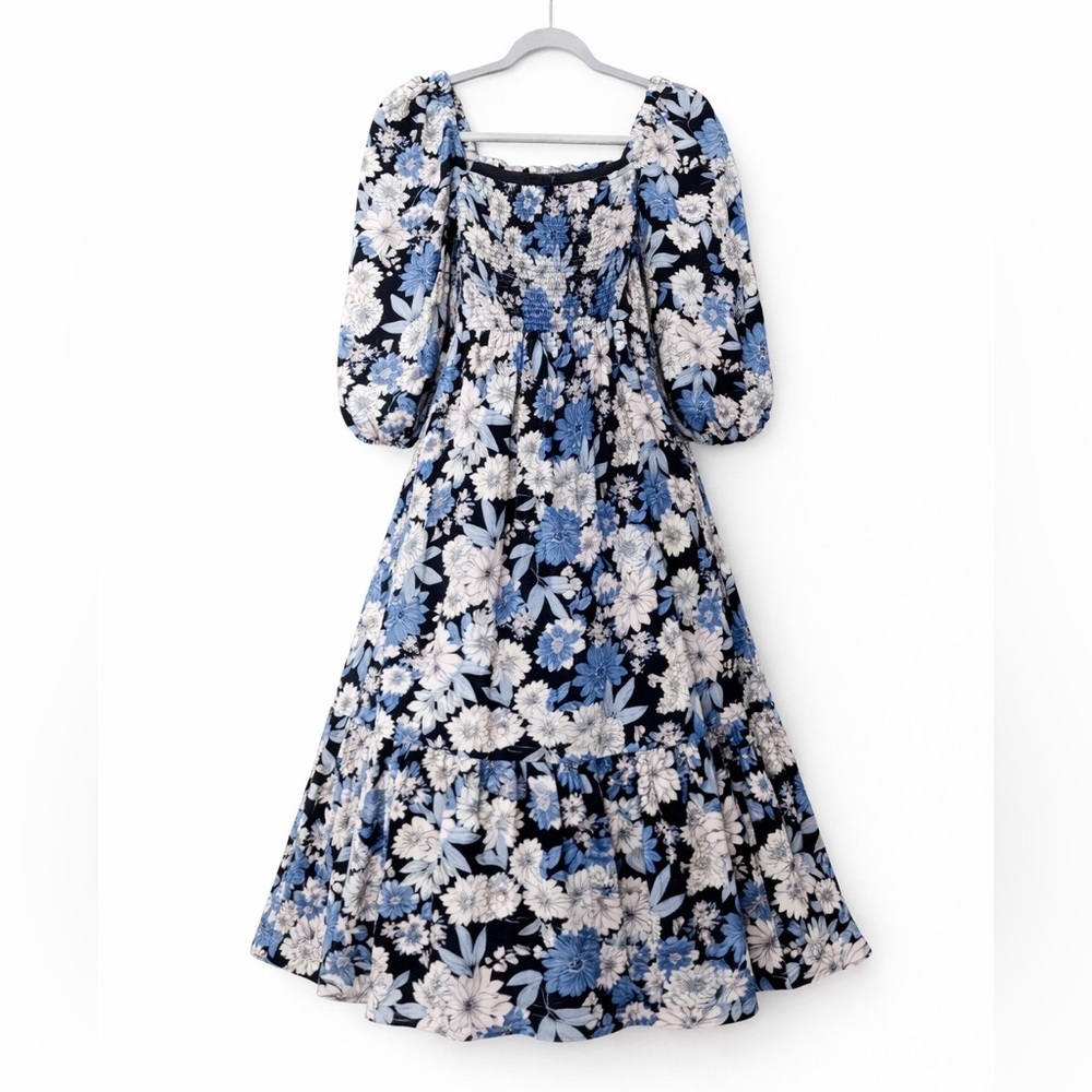 J Crew Dress Linen Daydream Zinnia Floral Cottagecore Feminine Smocked derby